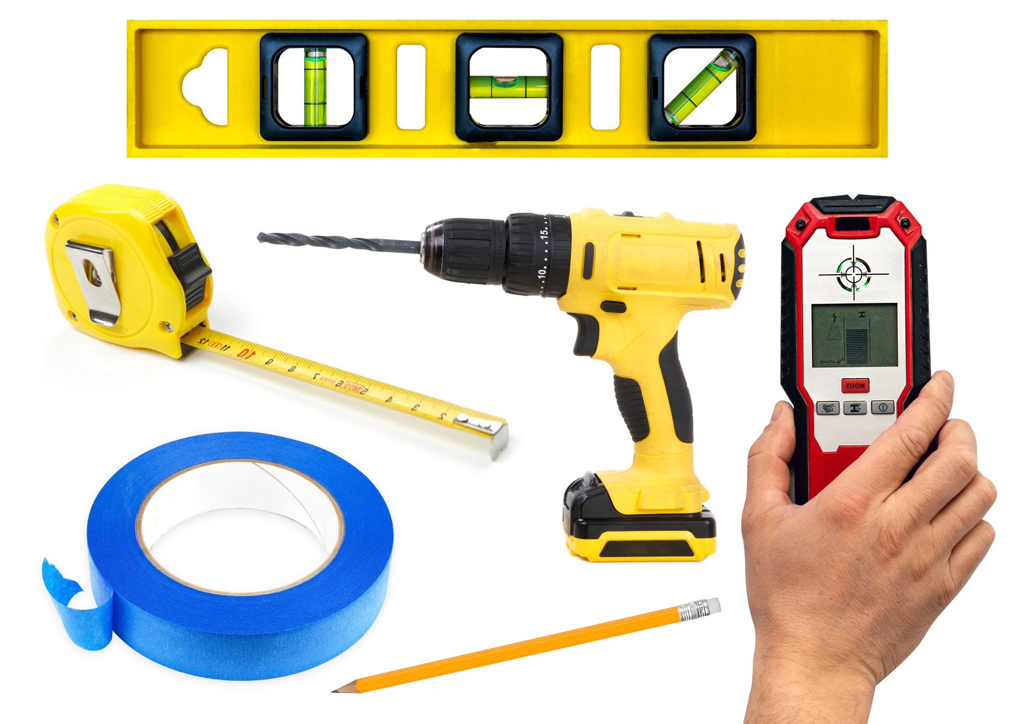 Collage of tools for installation a Mirror TV: level, measuring tape, drill, tape, pencil and stud finder