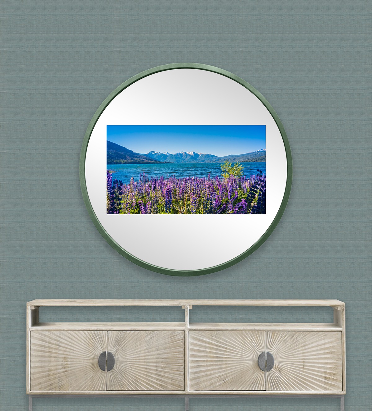 Photoshop rendering of a circle Mirror TV over a credenza