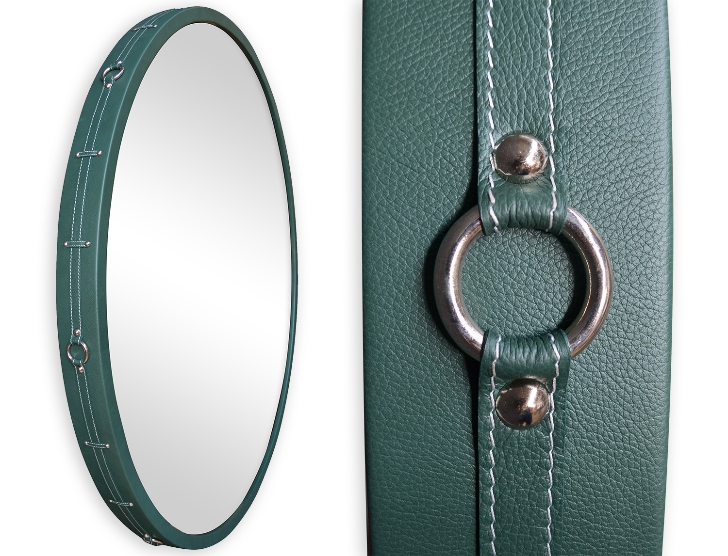 Circle Mirror TV with a dark green leather frame