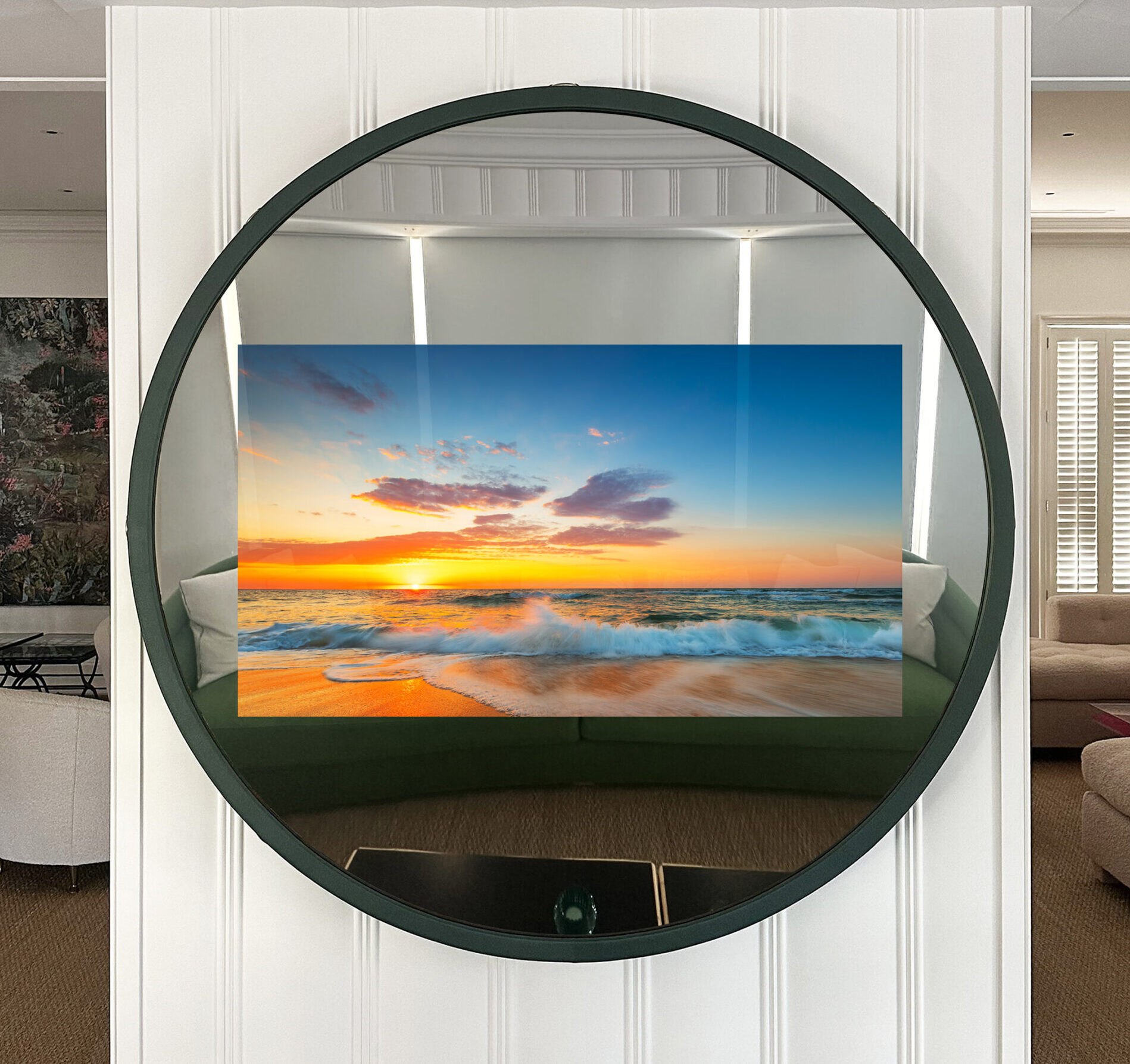 Leather Green Frame Mirror TV Hidden Television in Living Room