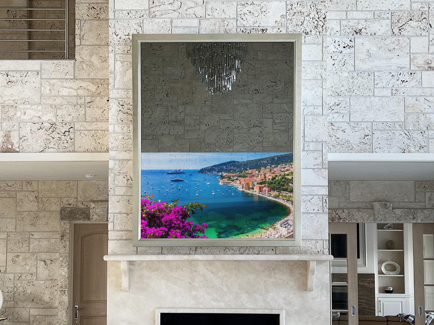 Tall portrait Mirror TV in a white gold frame over mantel