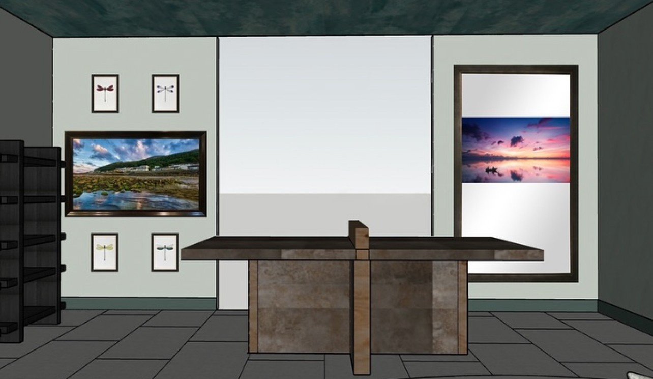 rendering of riese design's holiday house hamptons room with two hidden television mirrors.