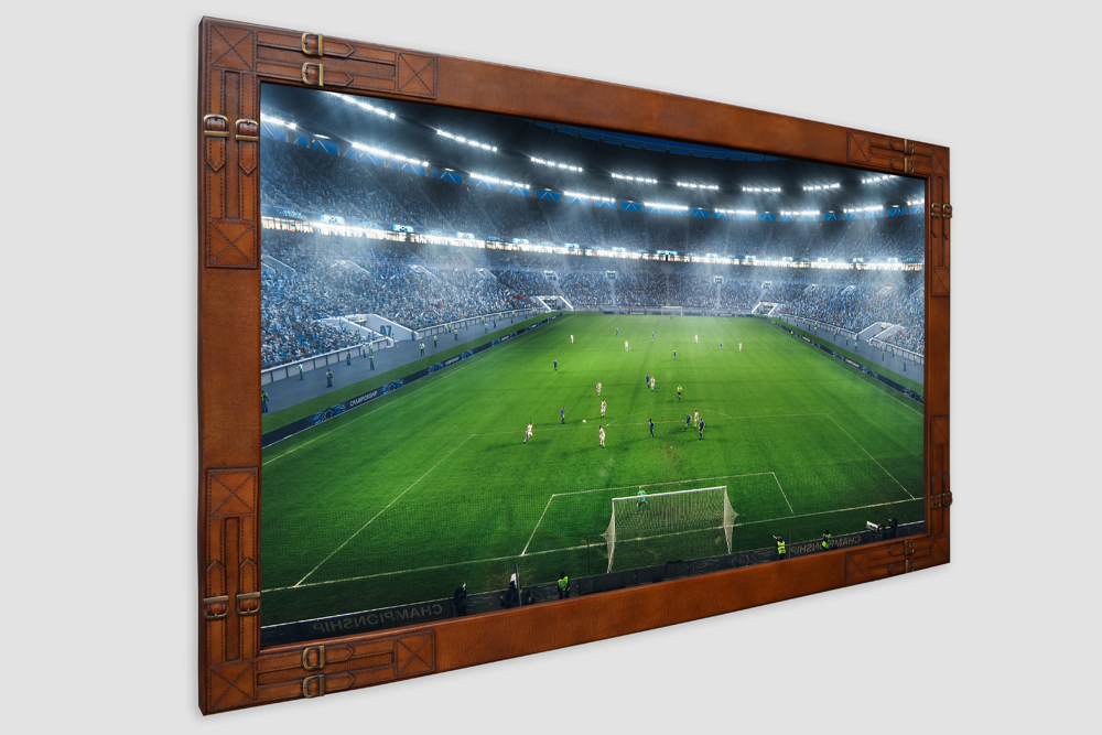 TV Frame With A Rich Brown Leather Frame With Buckle Hardware Details