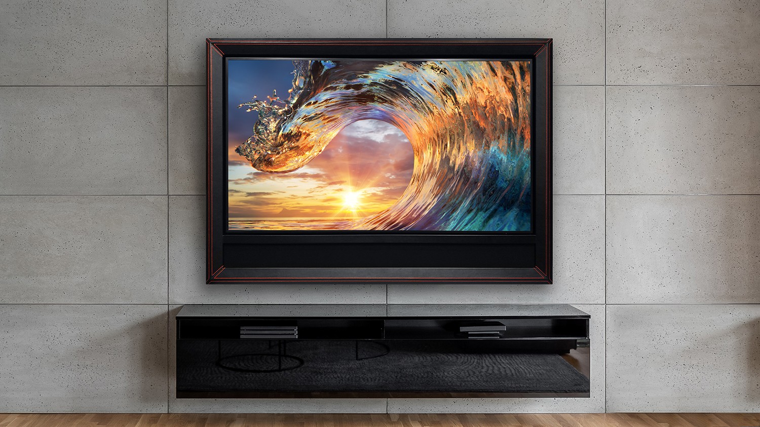 TV With A Black Floater Leather Frame And Soundbar On Bottom