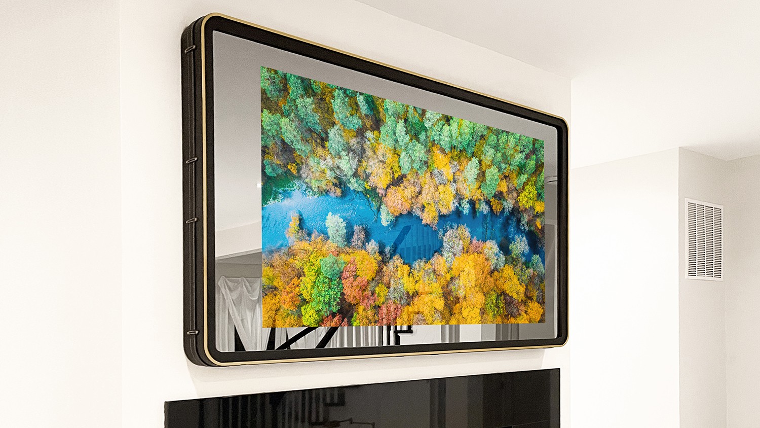 Black Leather Rounded Corner Mirror Framed TV And Gilded Edges