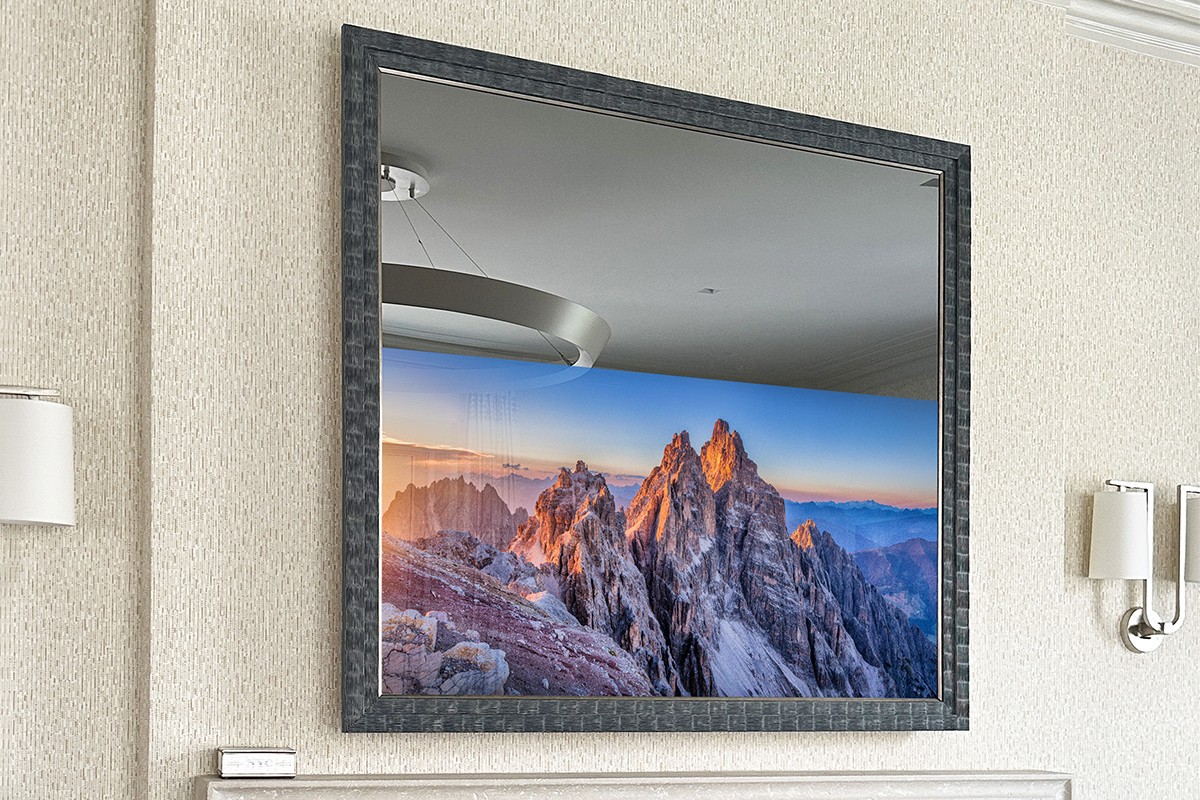 Square mirrored TV with a blue prefinished frame