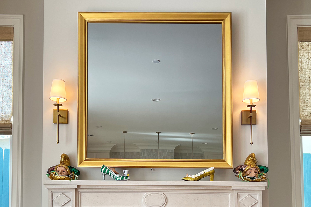 Square Gold Mirror TV Over Mantel