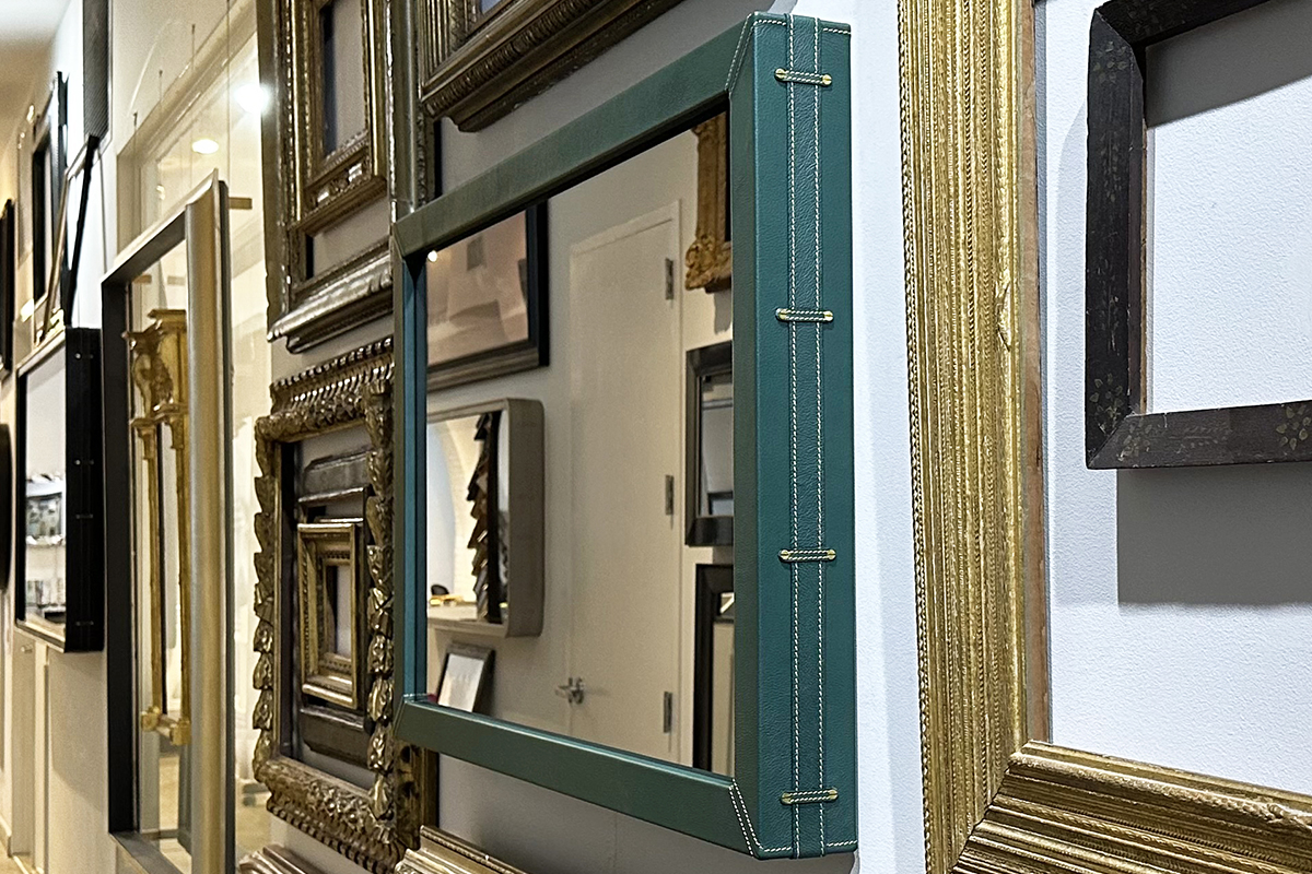 Green Leather Mirror TV With Golden Stitching