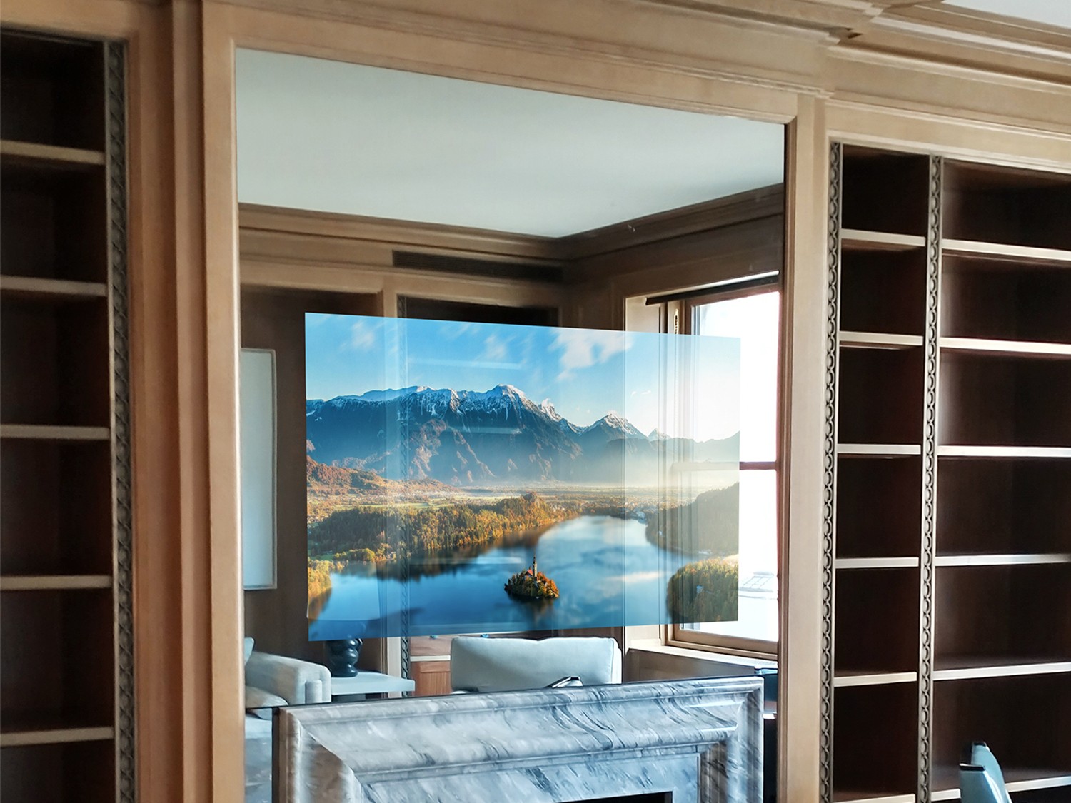 Square TV Mirror with frame to millwork over fireplace