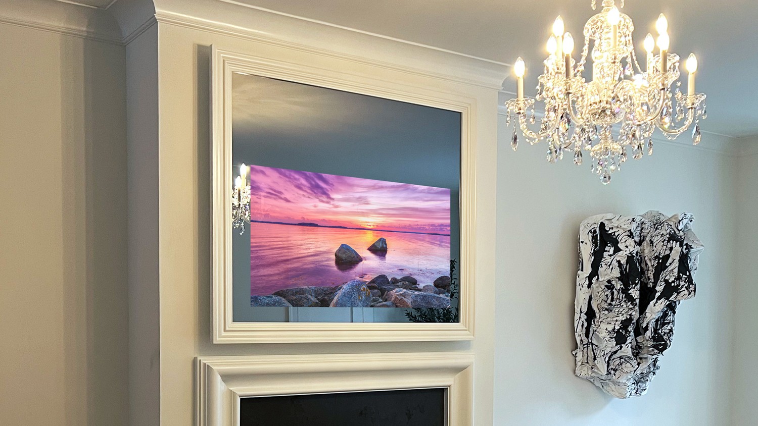 Mirror TV with white wood frame