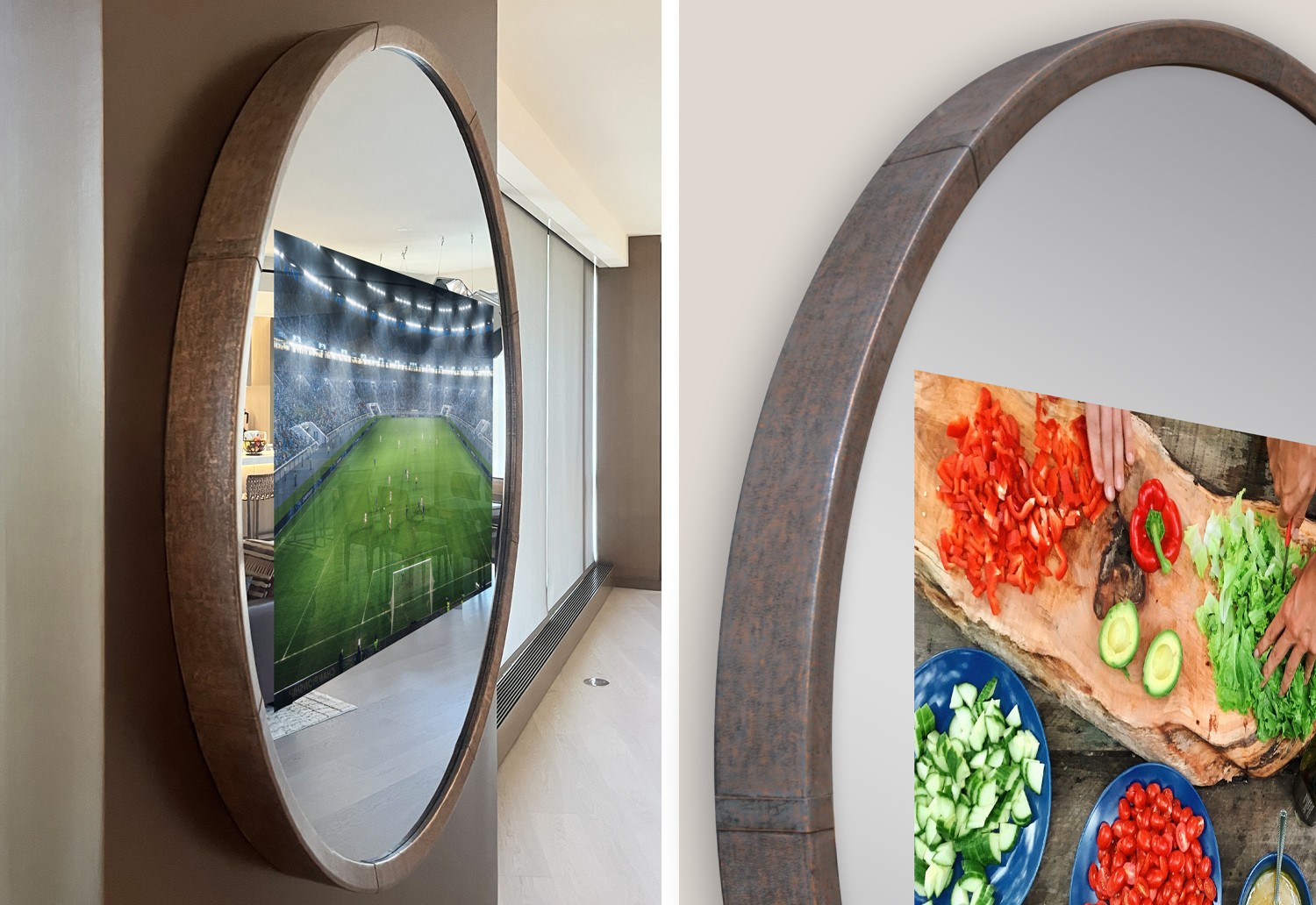 Copper Leather framed circle tv mirror