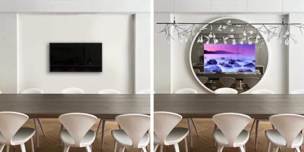 hidden television with white circle leather TV frame before and after best tv