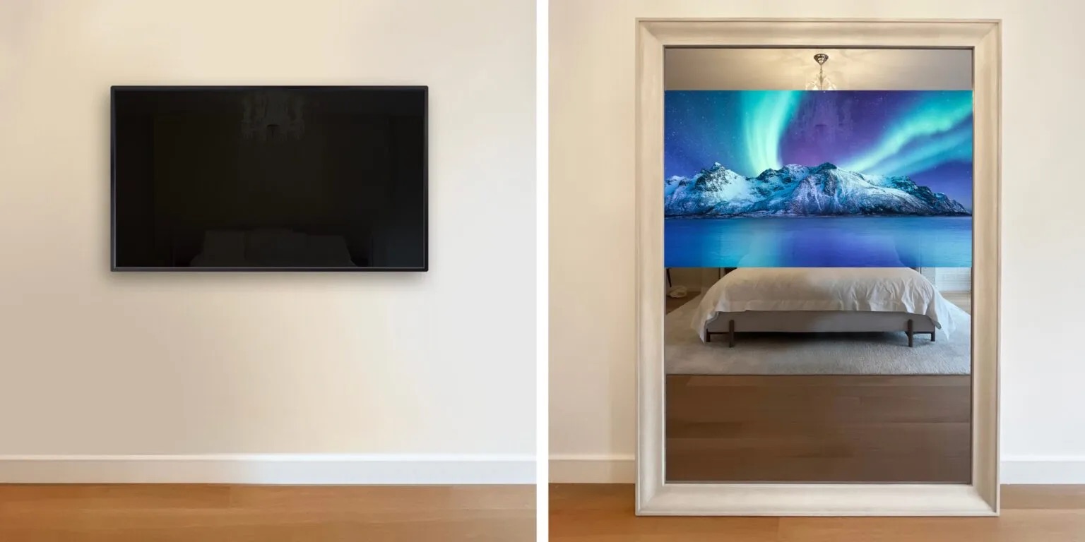 before and after of black tv replaced by large framed tv in mirror