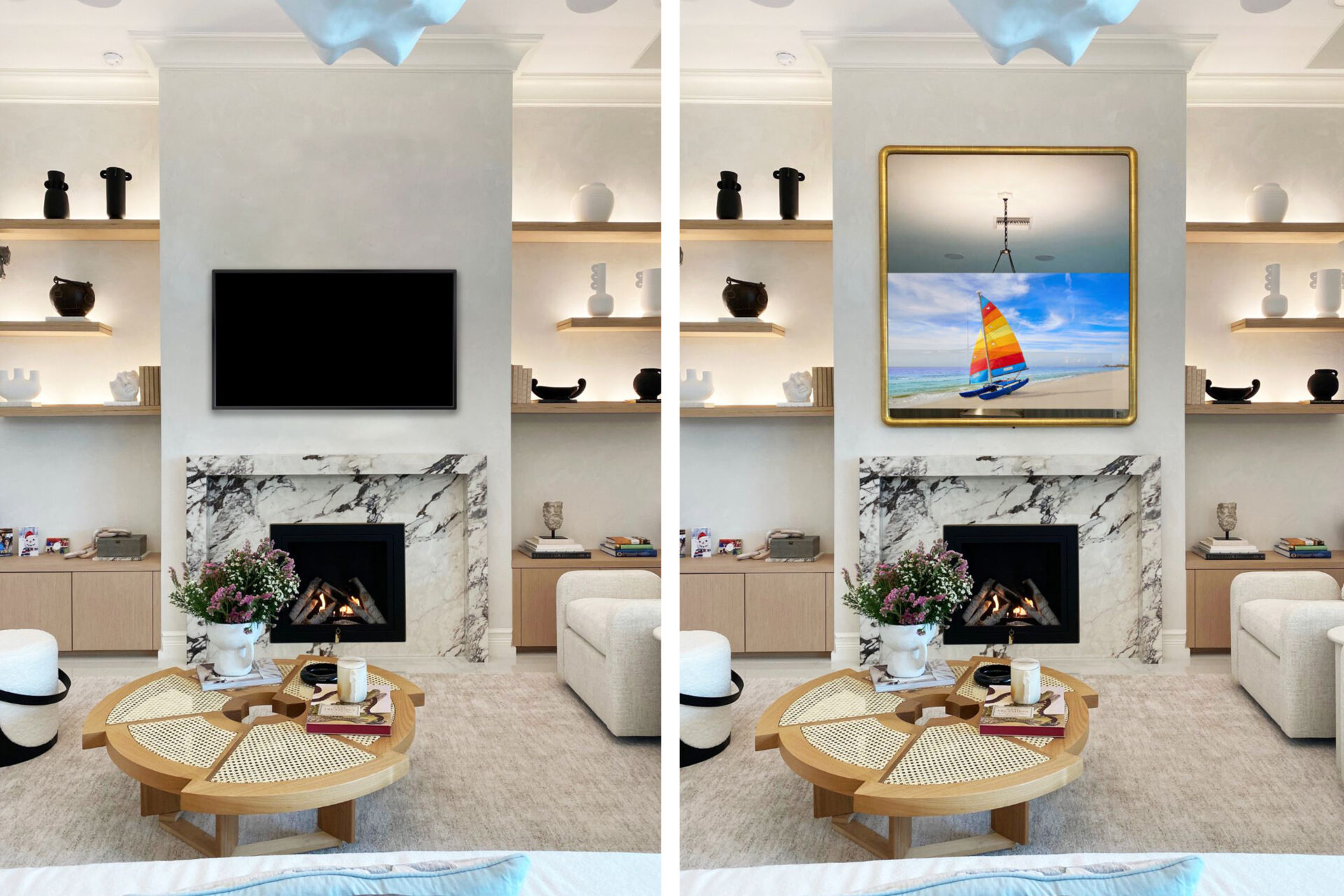 before and after of black tv replaced by luxury framed hidden tv mirror