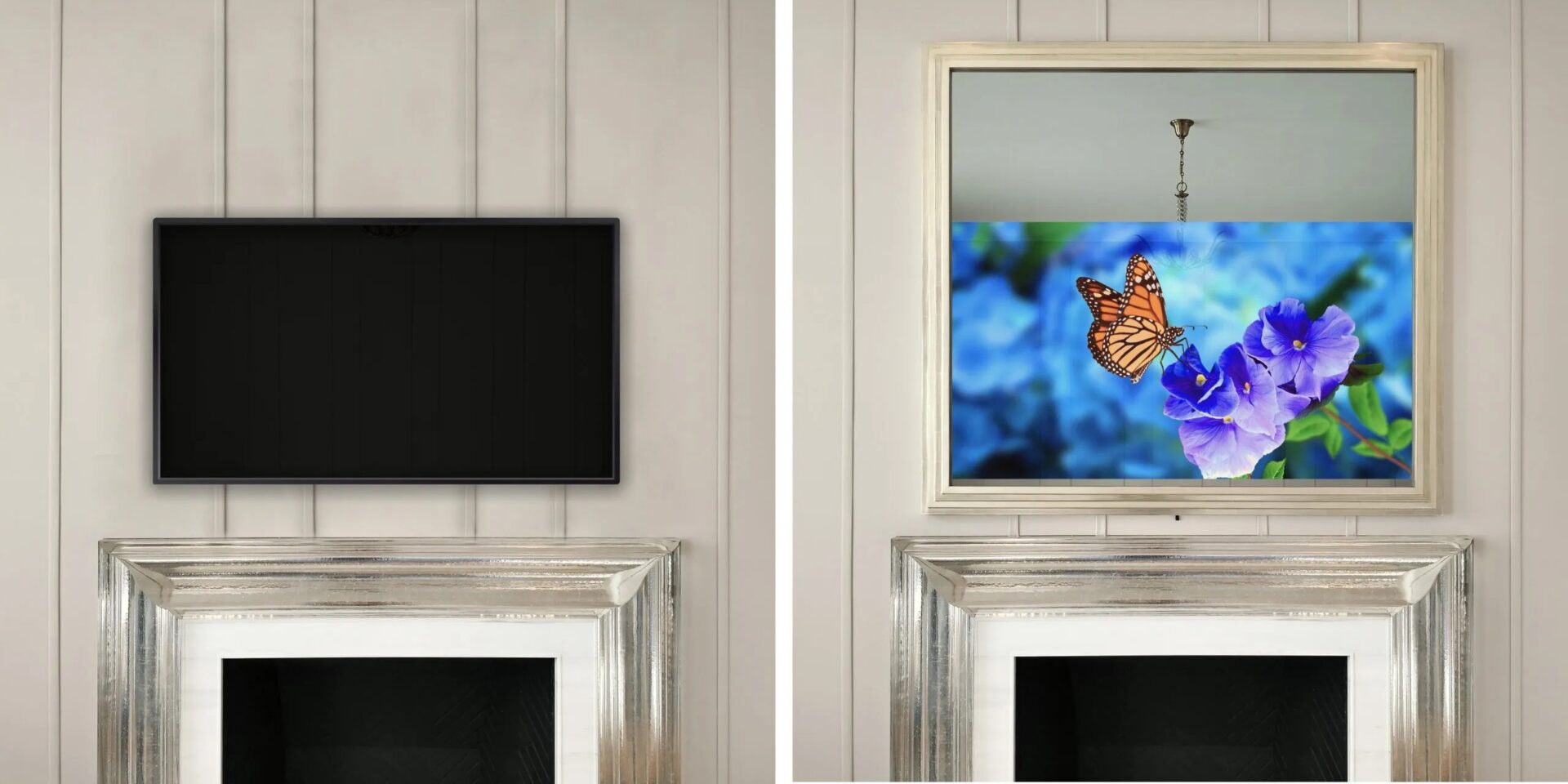 before and after hidden television framed tv over fireplace