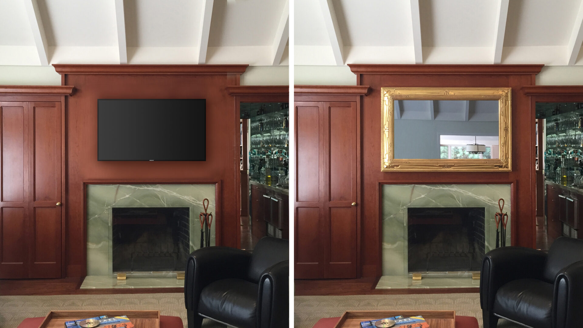 before and after hidden tv mirror over mantel