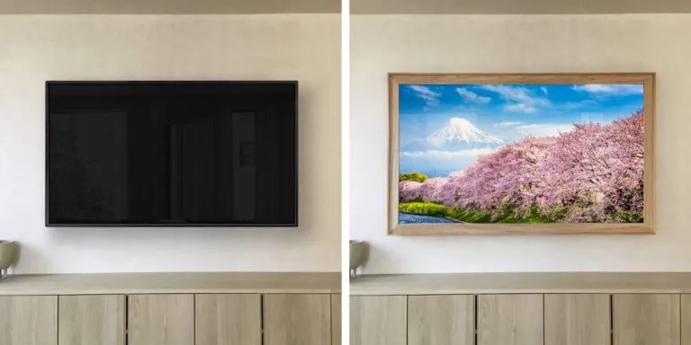 before and after of black tv replaced with luxury hidden television in mirror with tv frame