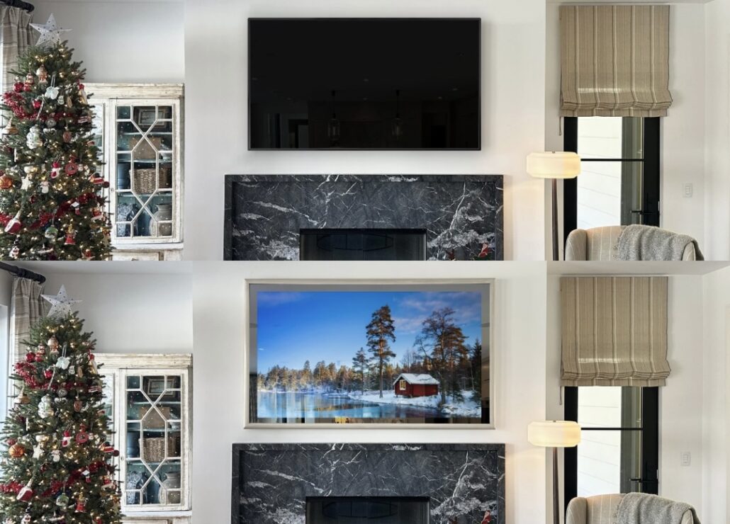 before and after of hidden television over fireplace