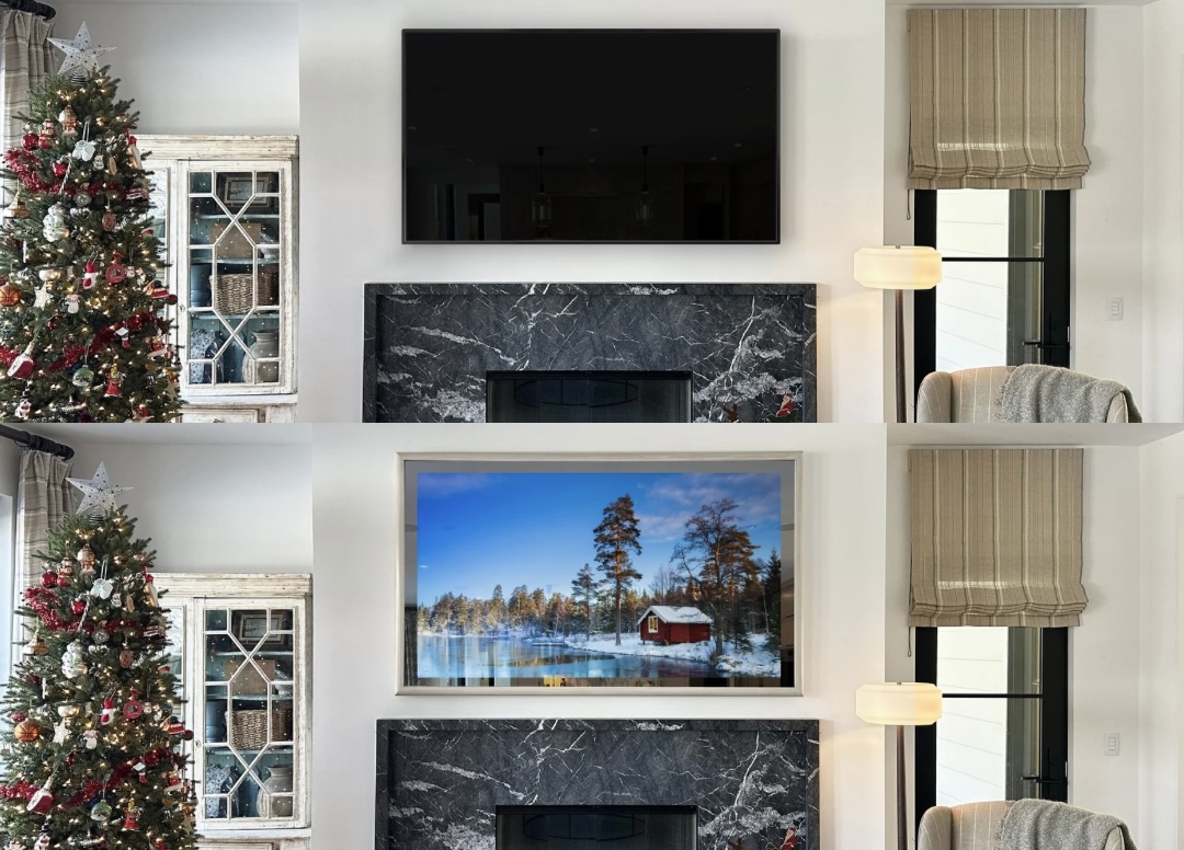 Before And After Of Hidden Television Over Fireplace