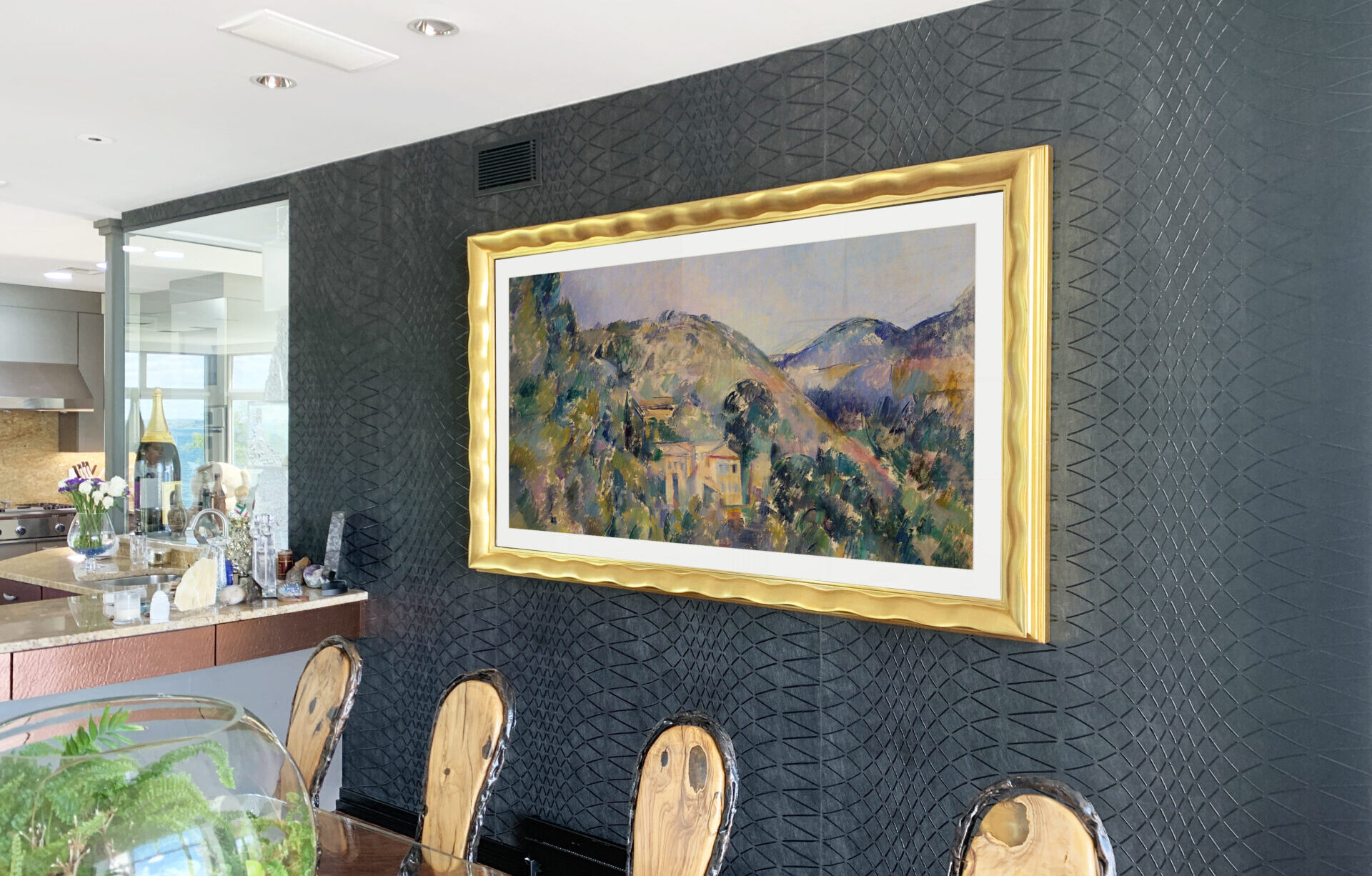 Samsung The Frame Tv Framed In Gold Tv Frame By Reflectel With Artwork On TV In Kitchen.
