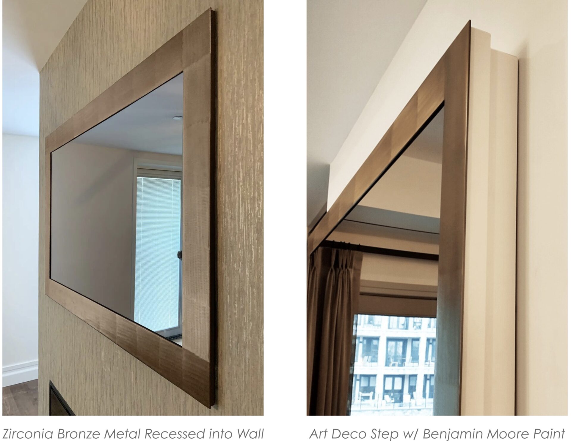 Zirconia bronze mirror tv recessed into wall next to surface mounted tv in mirror with art deco step and Benjamin Moore paint