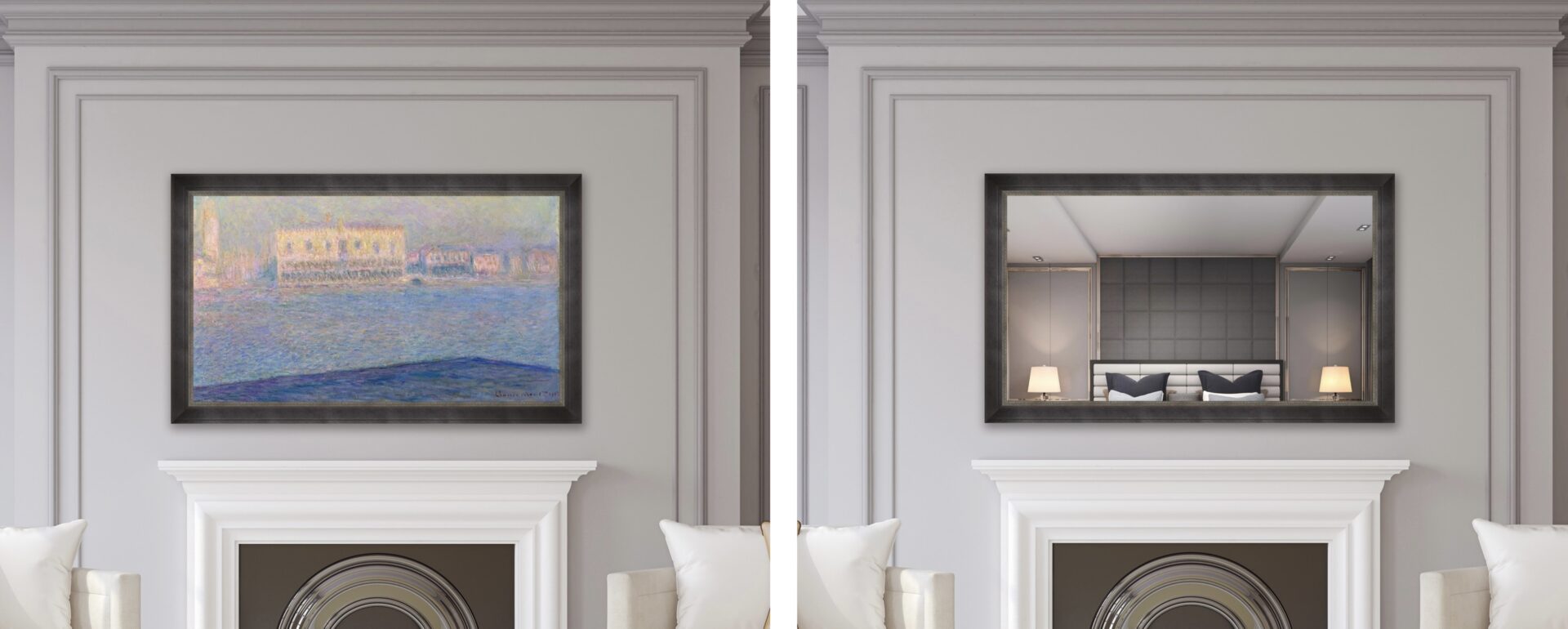 Art Mode vs. Sanctuary Mode Framed TV in mirror side by side art on tv next to tv mirror off over white mantel in living room.