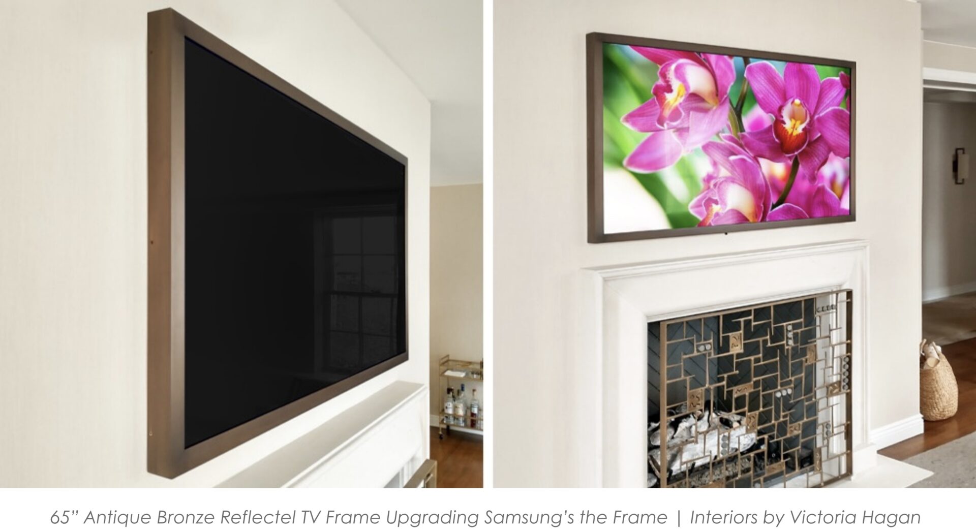Surface Mounted - 1 Upgraded Samsung the Frame TV with Antique Bronze TV frame, TV off closeup first image, TV over mantel second image.