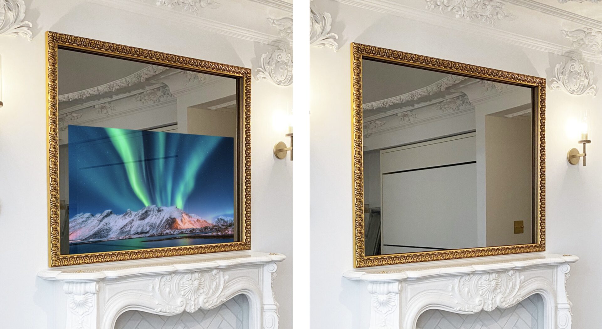 Reflectel Mirror TV on + Sanctuary Mode Samsung the frame tv framed tv in mirror over white mantel, TV on and TV off comparison.