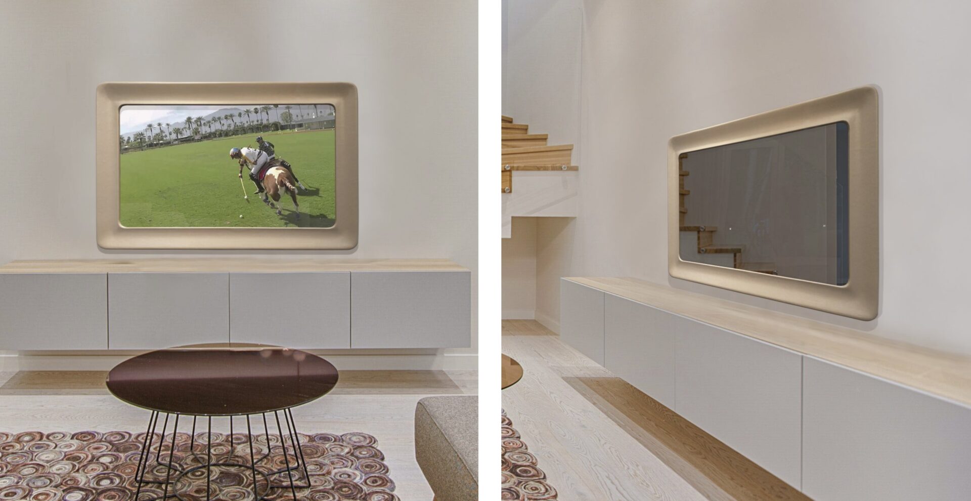 sculptural swoop mirror tv frame front and side in living room