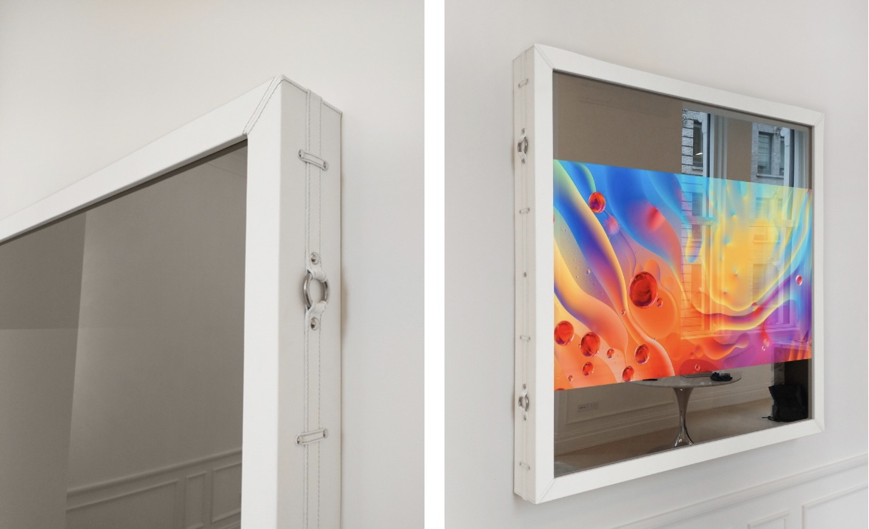 white leather tv frame corner next to white leather tv in mirror frame