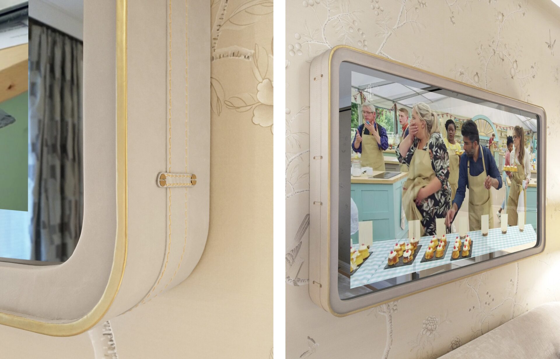 rounded corner leather tv frame close up and rounded corner leather framed tv in mirror