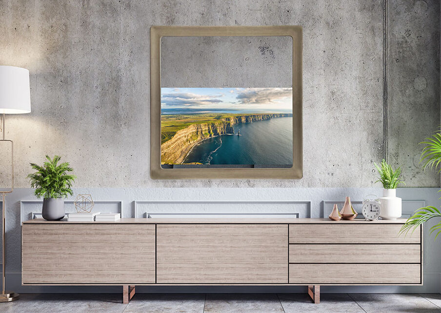 New Swoop Sculptural Mirror Tv Frame Over Credenza In Living Room With Gray Interiors