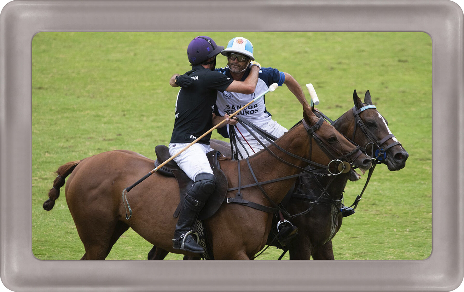 Swoop Smooth Grey Leather Frame Surrounding Television With Image Of Polo Players Hugging On It