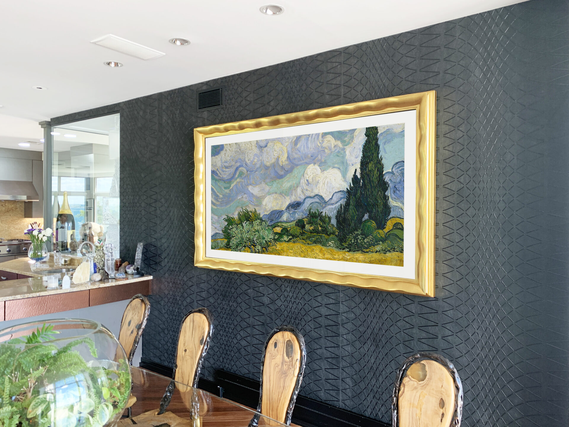 Samsung the frame tv hidden and framed in gold tv frame by reflectel