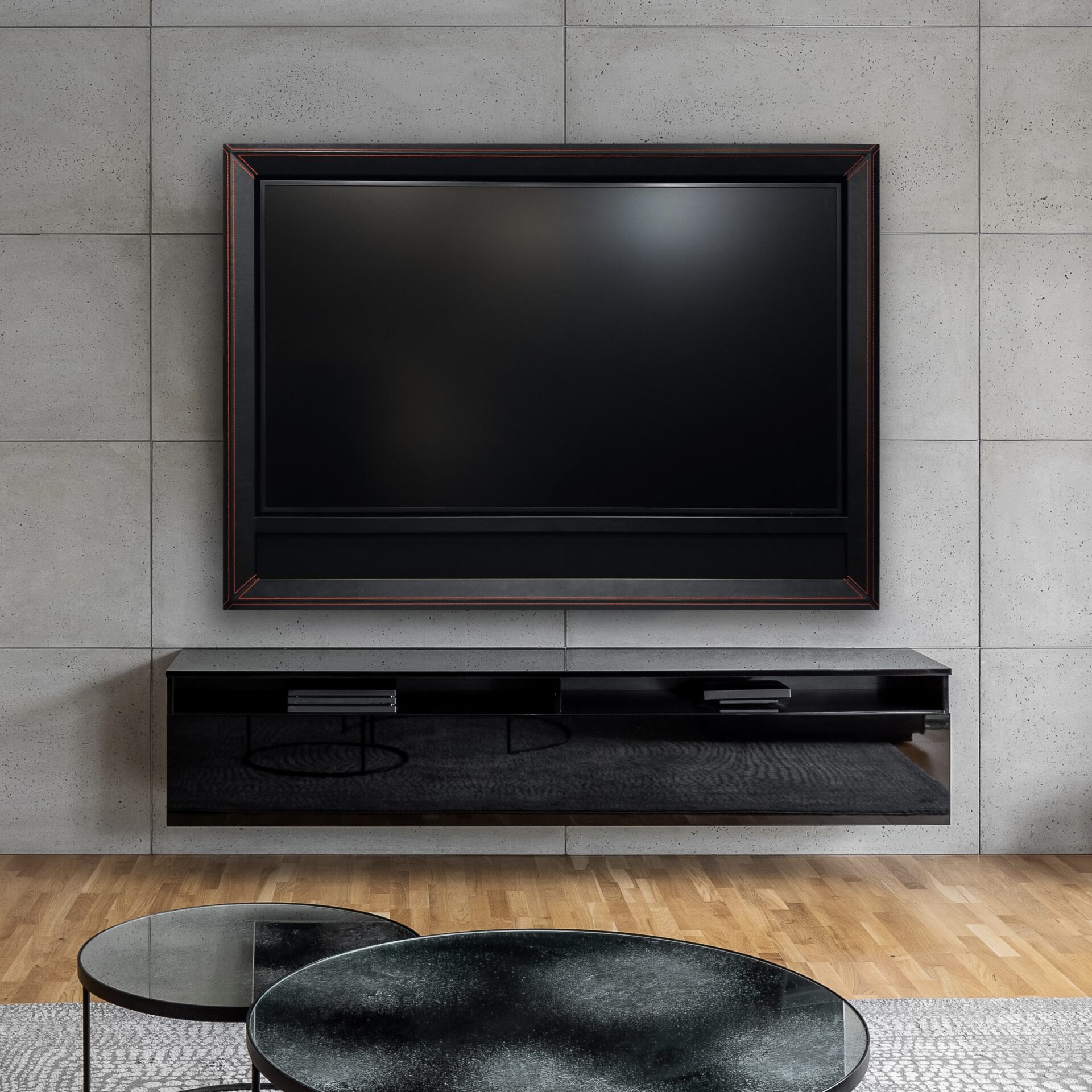 Ferrari Inspired Hidden Tv And Hidden Soundbar Tv Frame In Black Leather Turned Off In Living Room
