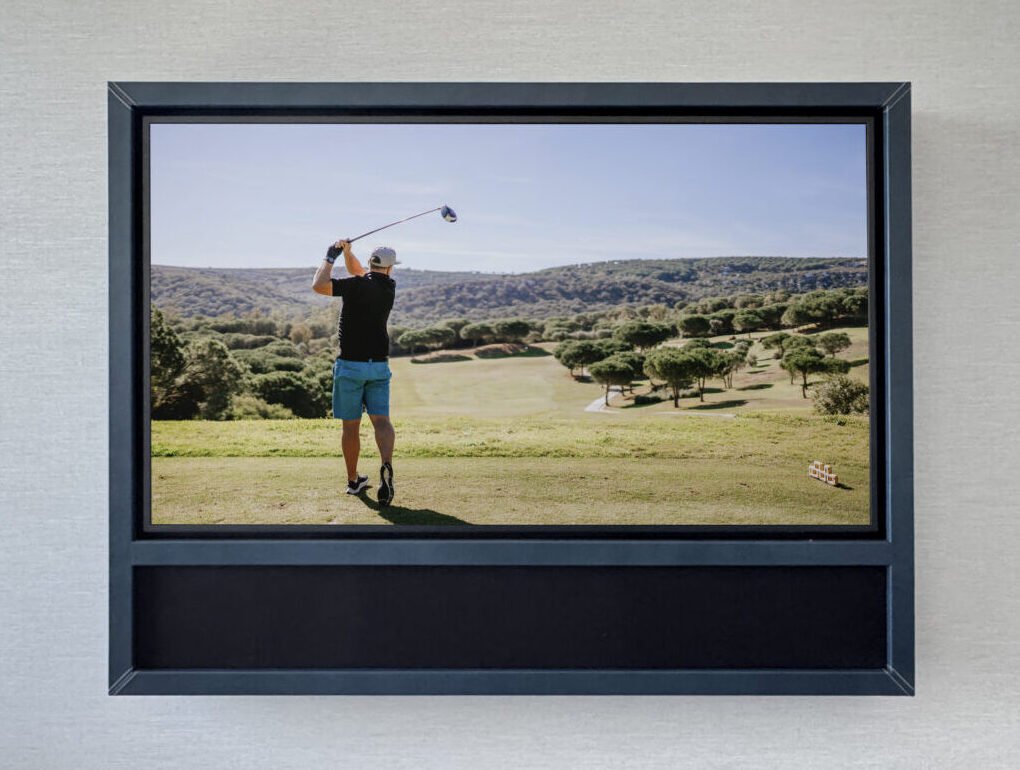 hidden tv and hidden soundbar framed television in blue leather golf on tv
