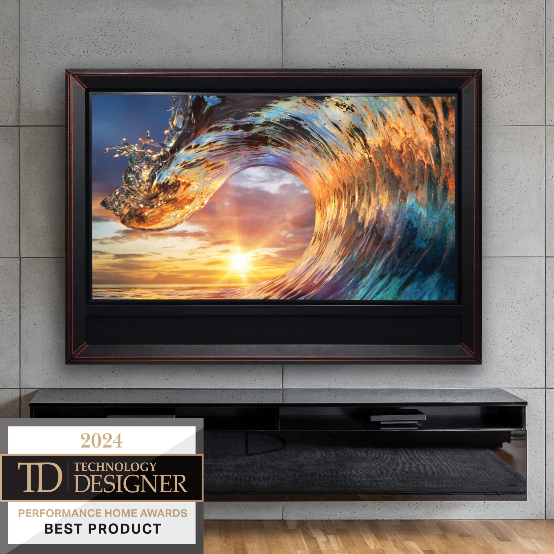 Hidden Tv And Soundbar Frame In Black Leather With Red Stitching With Best Product Technology Designer Award Logo