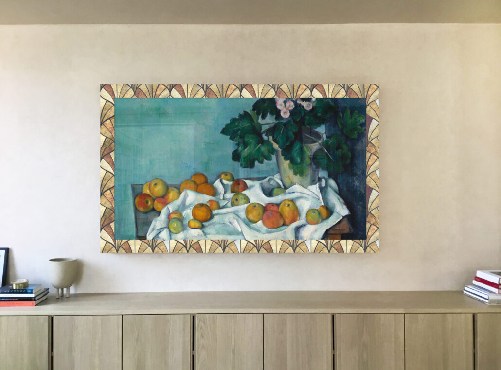 Eden Reflectel Mockup 3_V1 macaroon ON allison eden custom mosaic tv in mirror frame with macaroon colored mosaic tiles