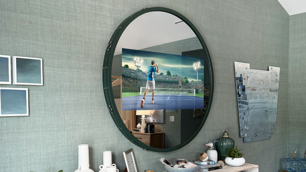 green-leather-circle-hamptons-showhouse-26906 Green leather Mirror TV circle in Elissa Grayer Interior Design show house bedroom