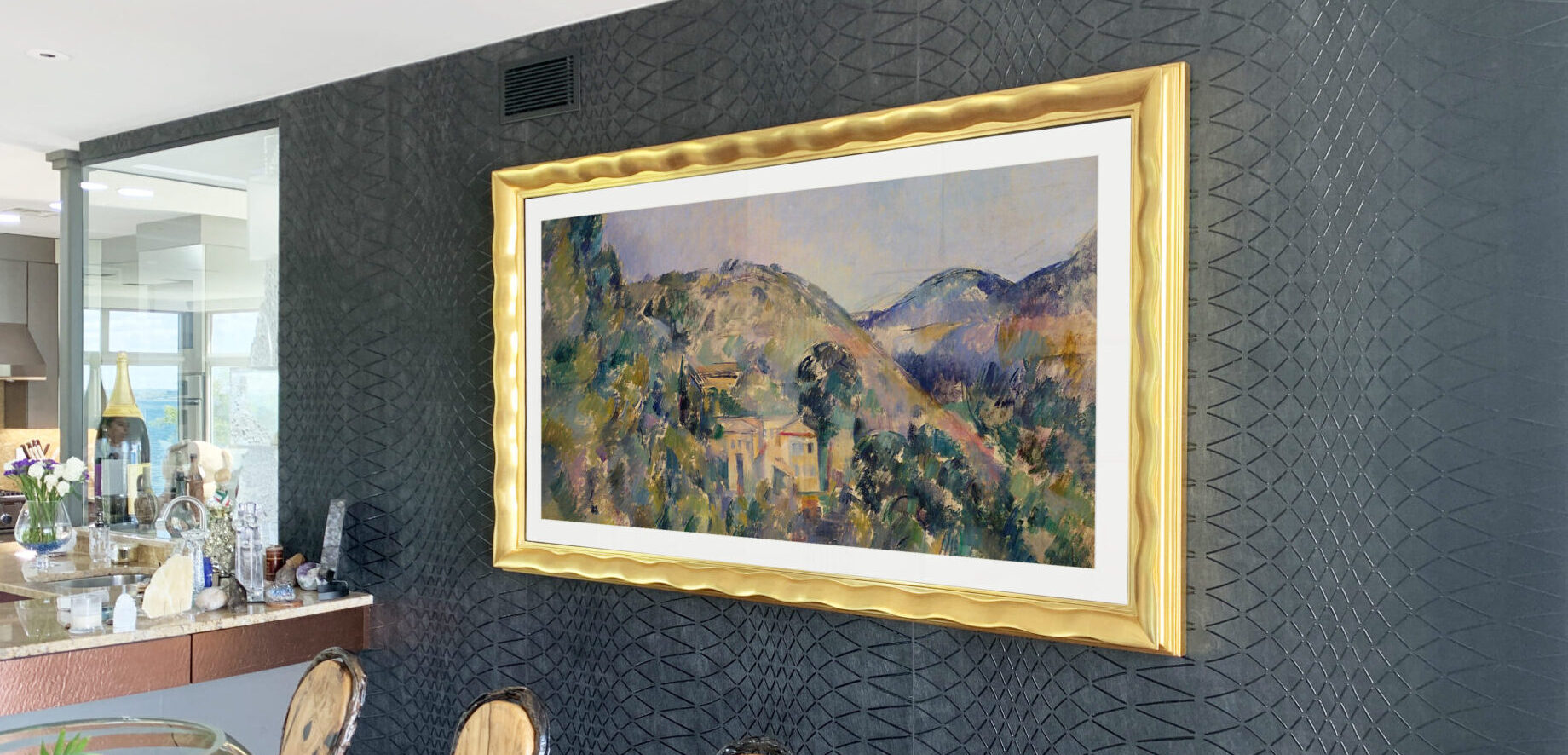 art tv with gold tv frame samsung the frame tv ugraded by reflectel mirror tv in kitchen