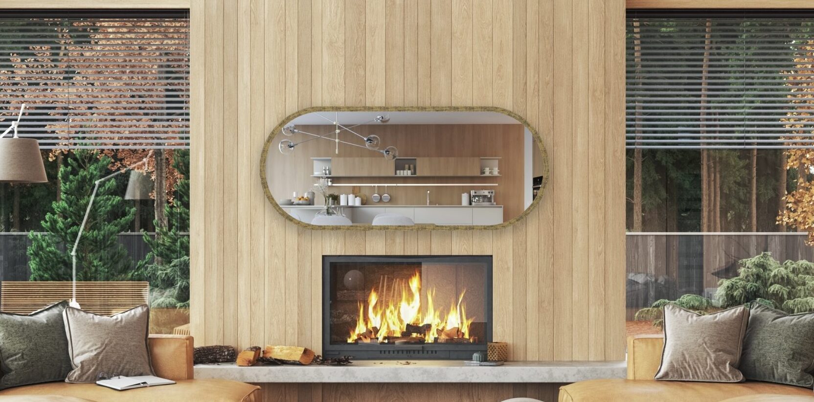 hidden tv mirror framed in lozenge shape tv frame with tv off in Modern interior with fireplace in house near forest