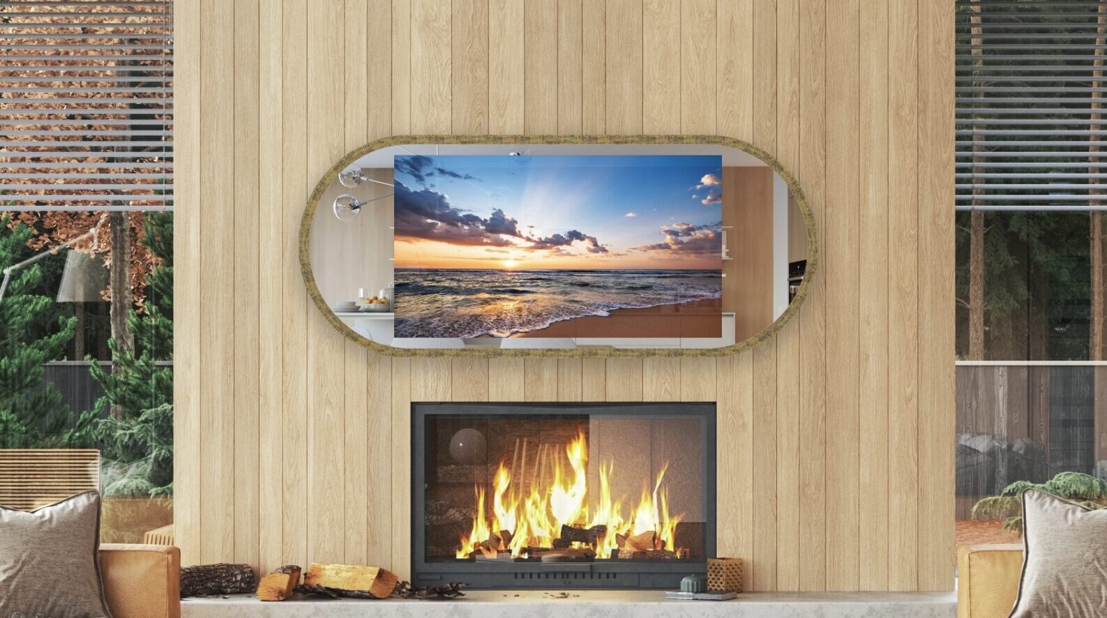 hidden tv mirror framed in lozenge shape tv frame with tv on in Modern interior with fireplace in house near forest
