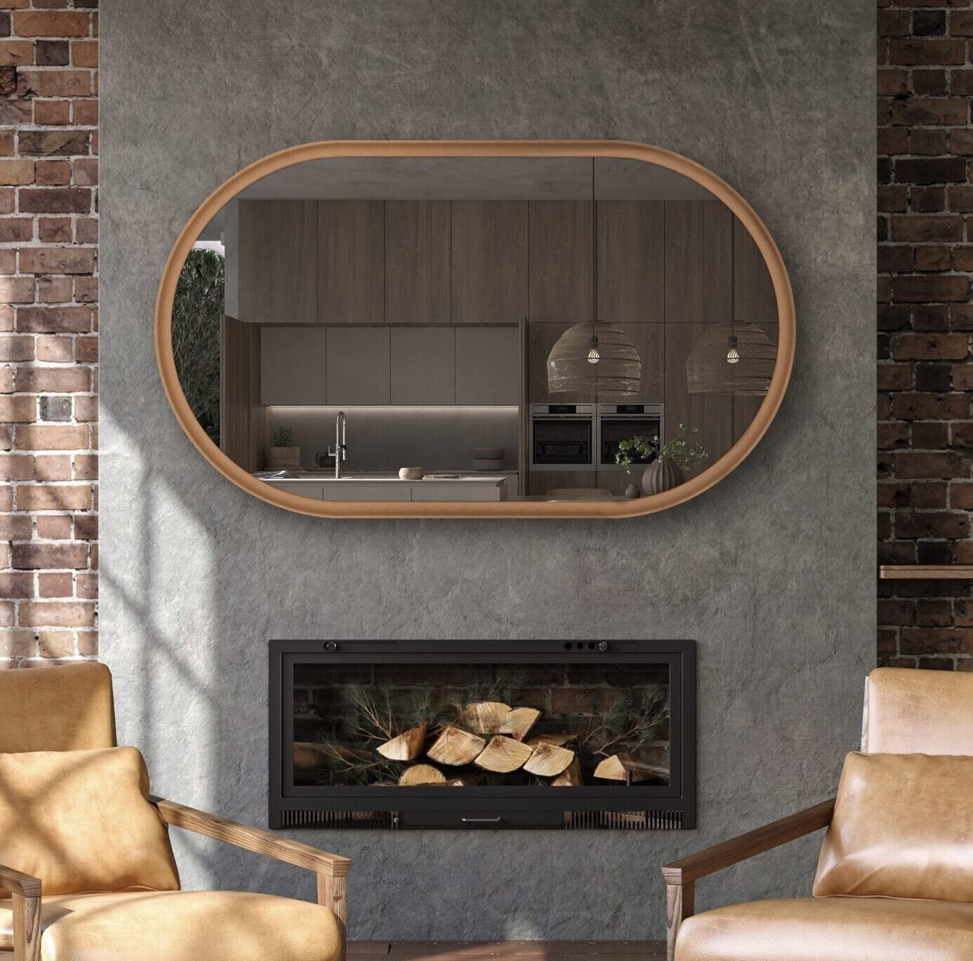 lozenge elongated mirror tv frame hiding tv behind mirror in industrial loft above fireplace