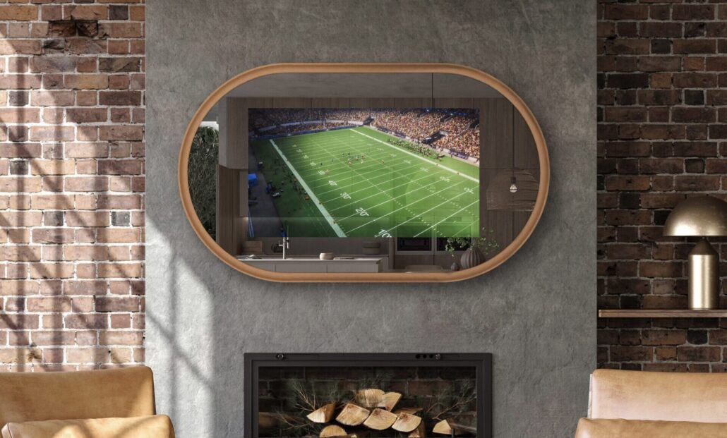 lozenge elongated mirror tv frame in living room loft industrial above fireplace