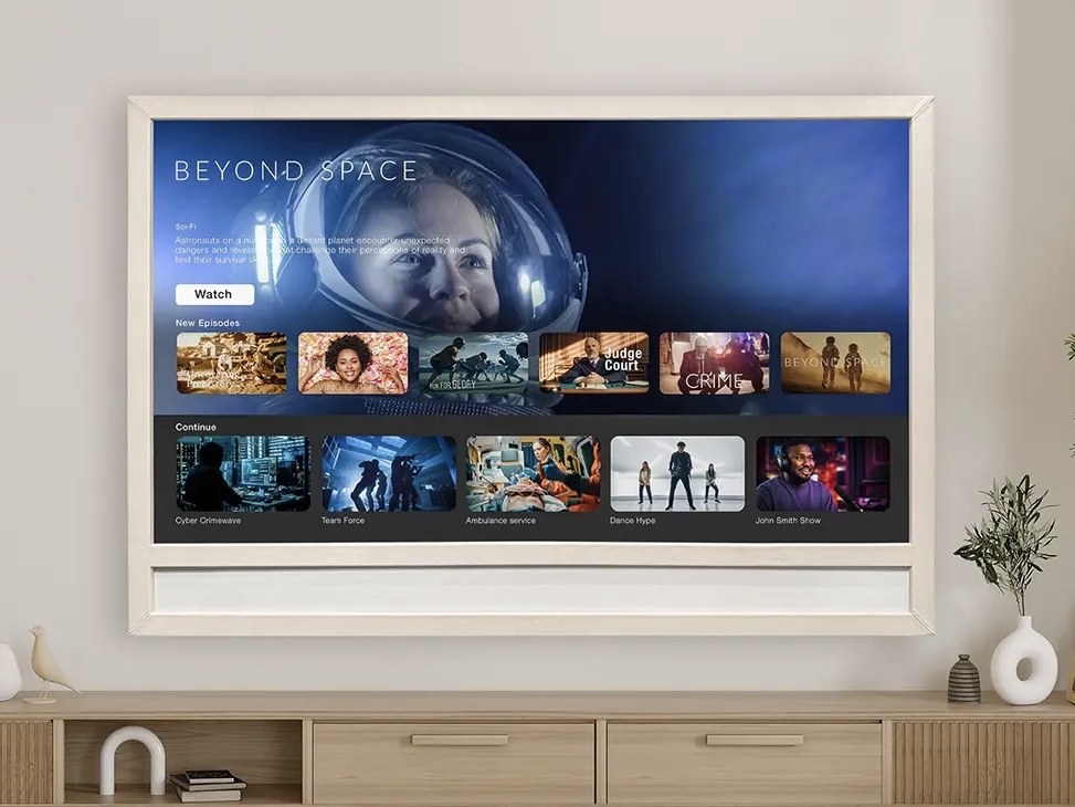 white vinyl tv frame with hidden tv and hidden soundbar