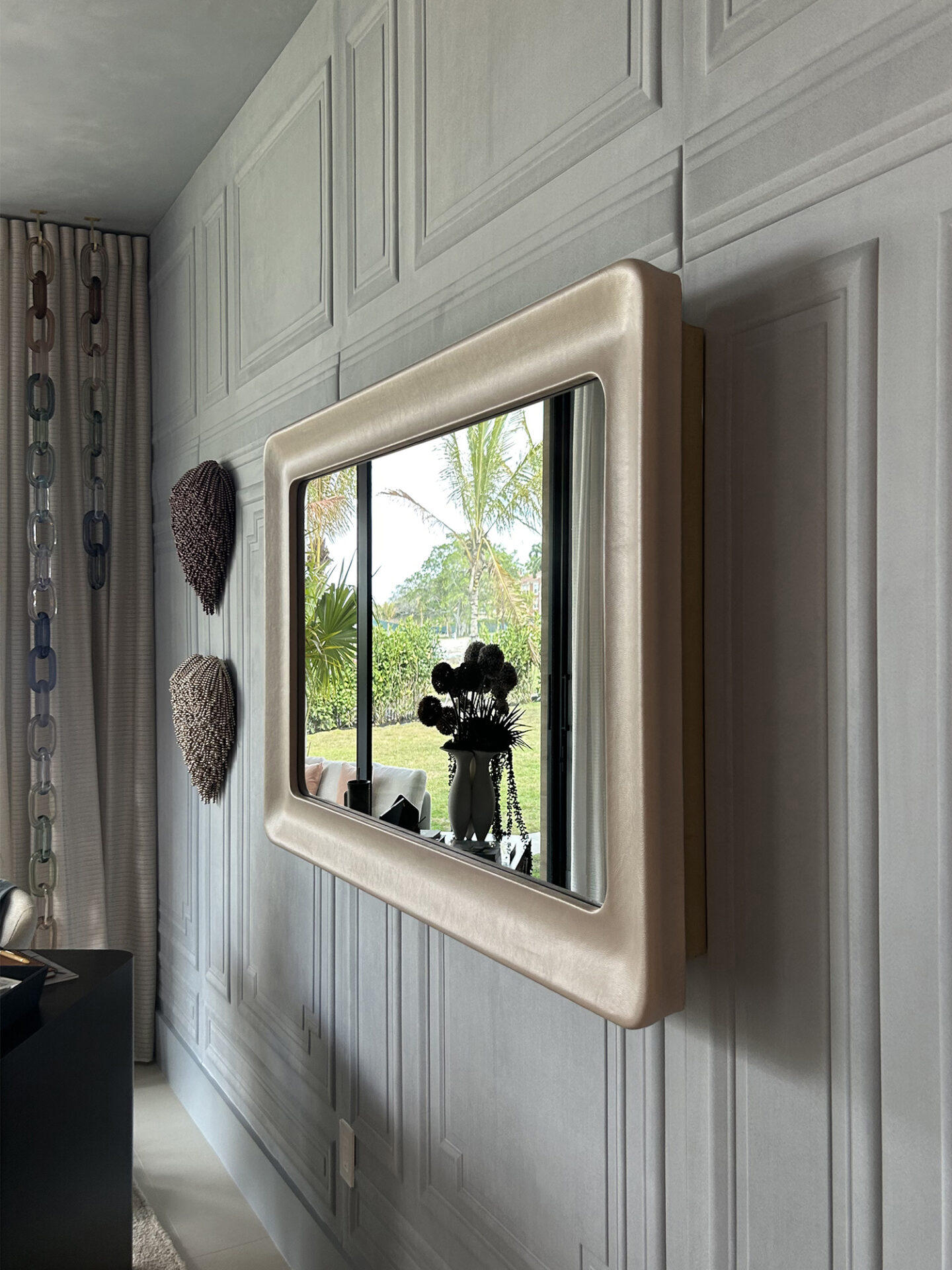 Rounded Corner Leather Swoop Framed Tv Mirror On Wall For Holiday House Wellington In Nikki Levy Interiors' Room