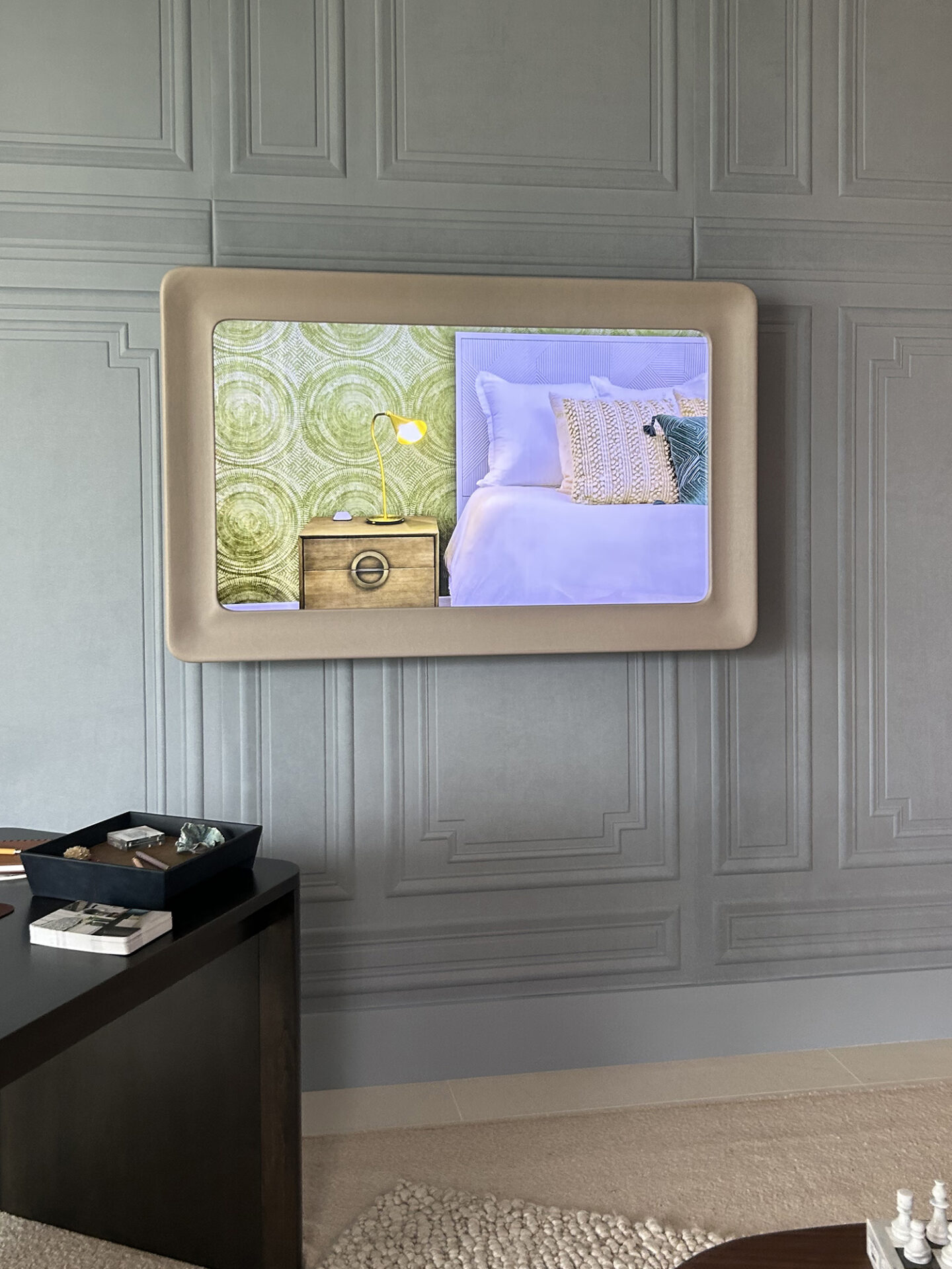 Rounded Corner Leather Swoop Framed Tv Mirror On Wall For Holiday House Wellington In Nikki Levy Interiors' Room Turned On