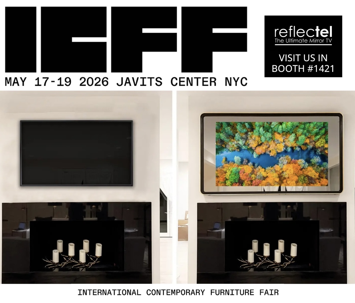 Reflectel Mirror Tv At Icff In Booth 1421, Before Black Plastic Tv After Rounded Corner Framed Hidden Tv In Mirror