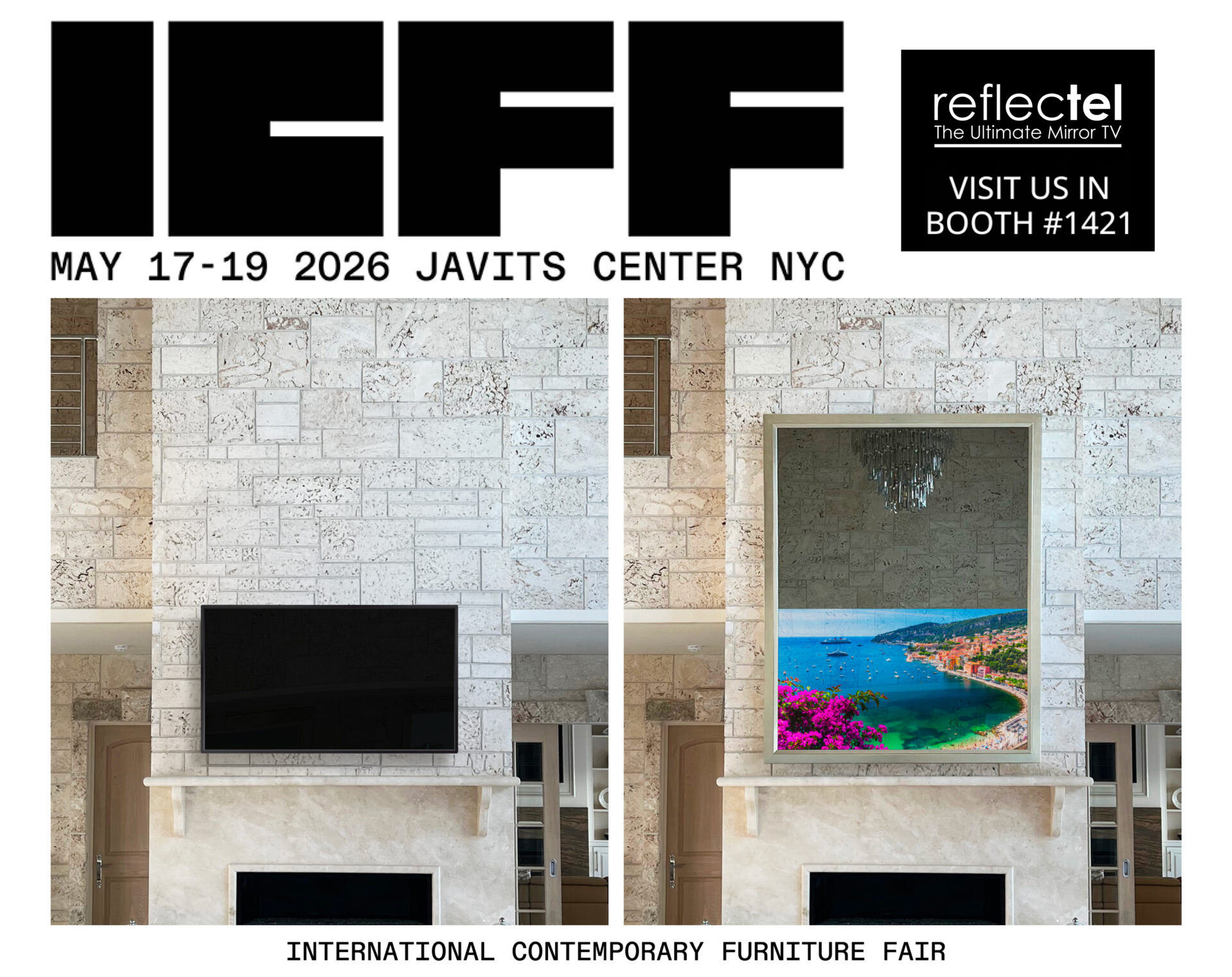 reflectel mirror tv at icff 2026 in new york at booth 1421 tv before and framed tv mirror after