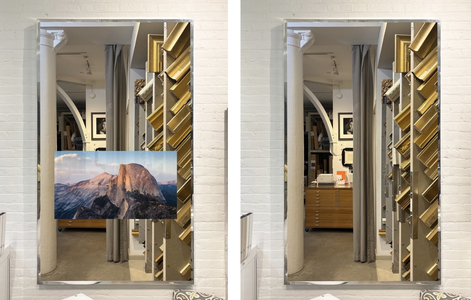 polished aluminum mirror tv, tv on and tv off in new york showroom with frames